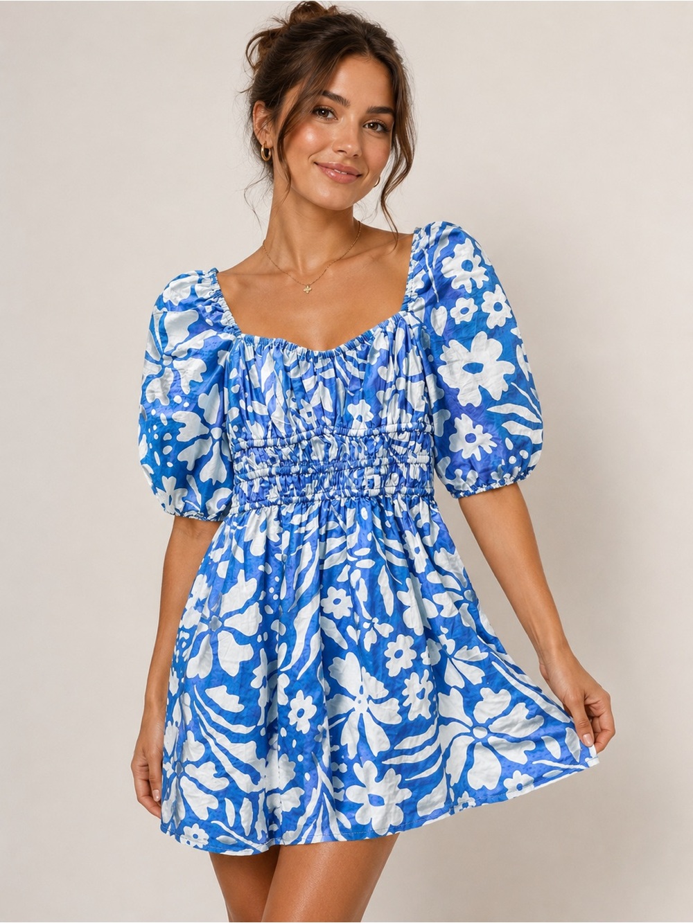 Faithfull The Brand Marinelli Mini Dress Sidra Floral Blue Smocked S